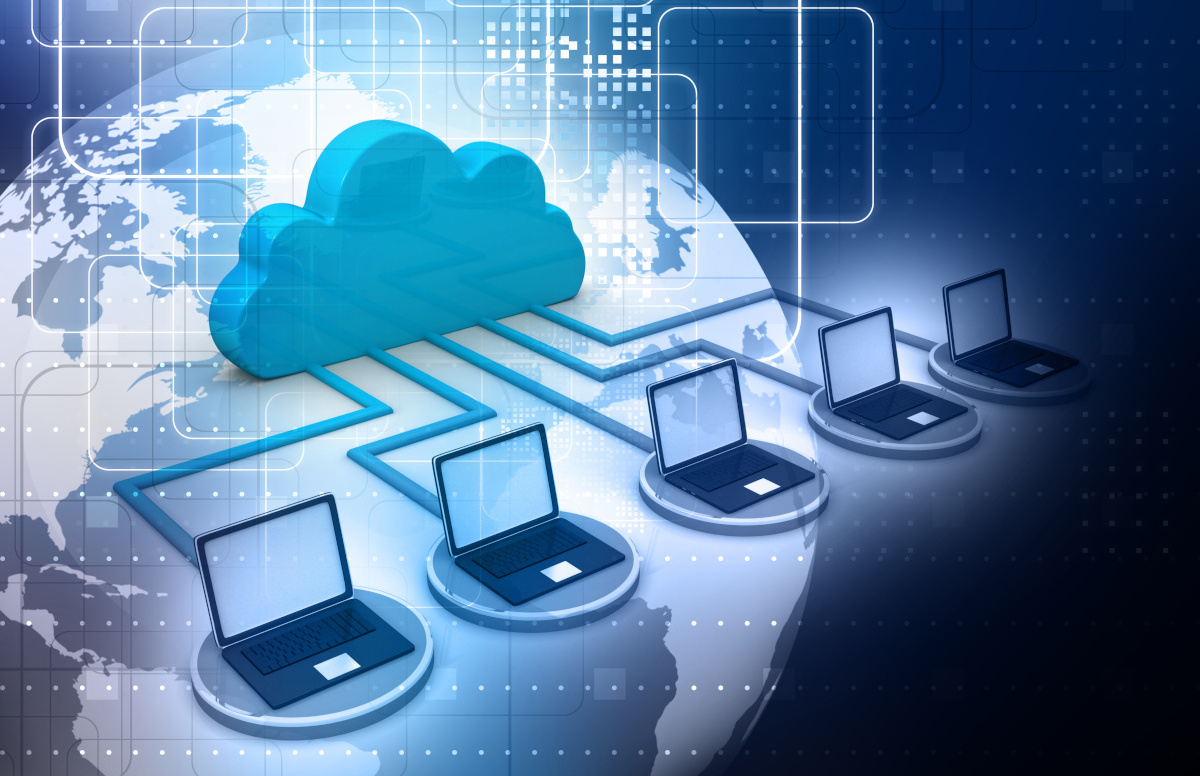 Five laptops connected with digital cloud